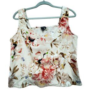 Express Floral Linen Blend Tank Top L Cream Pink Smocked Back
